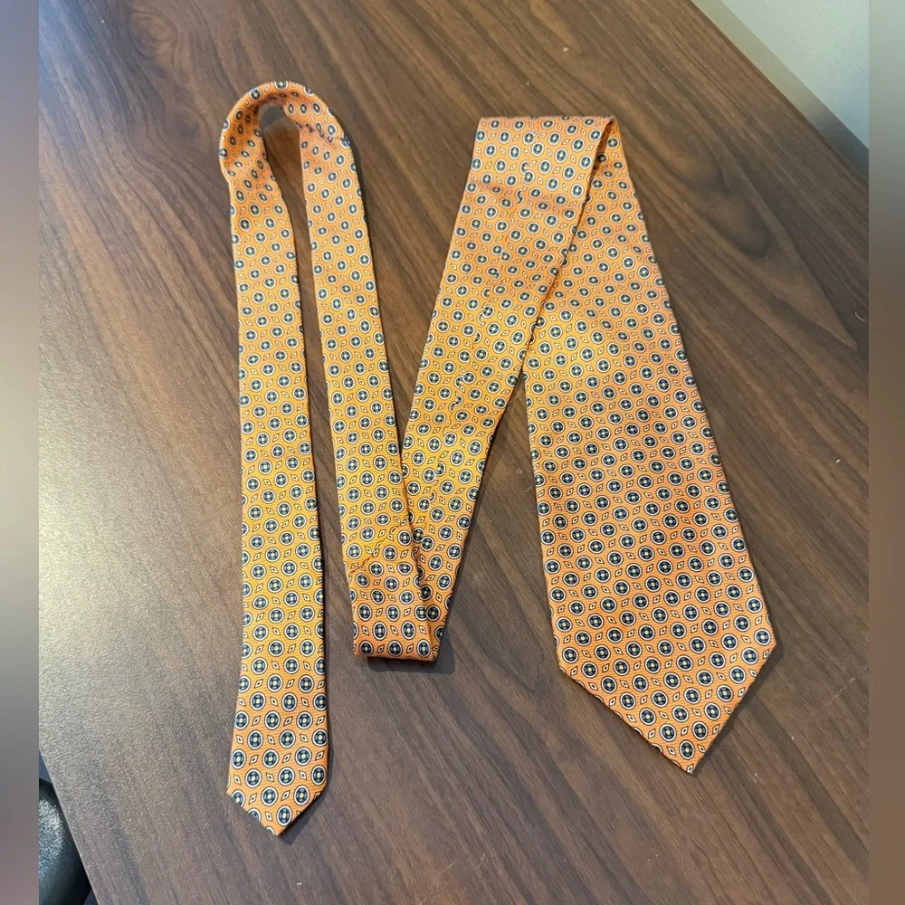 Lauren Ralph Lauren / orange 100% silk‎ necktie w circular blue pattern & dots